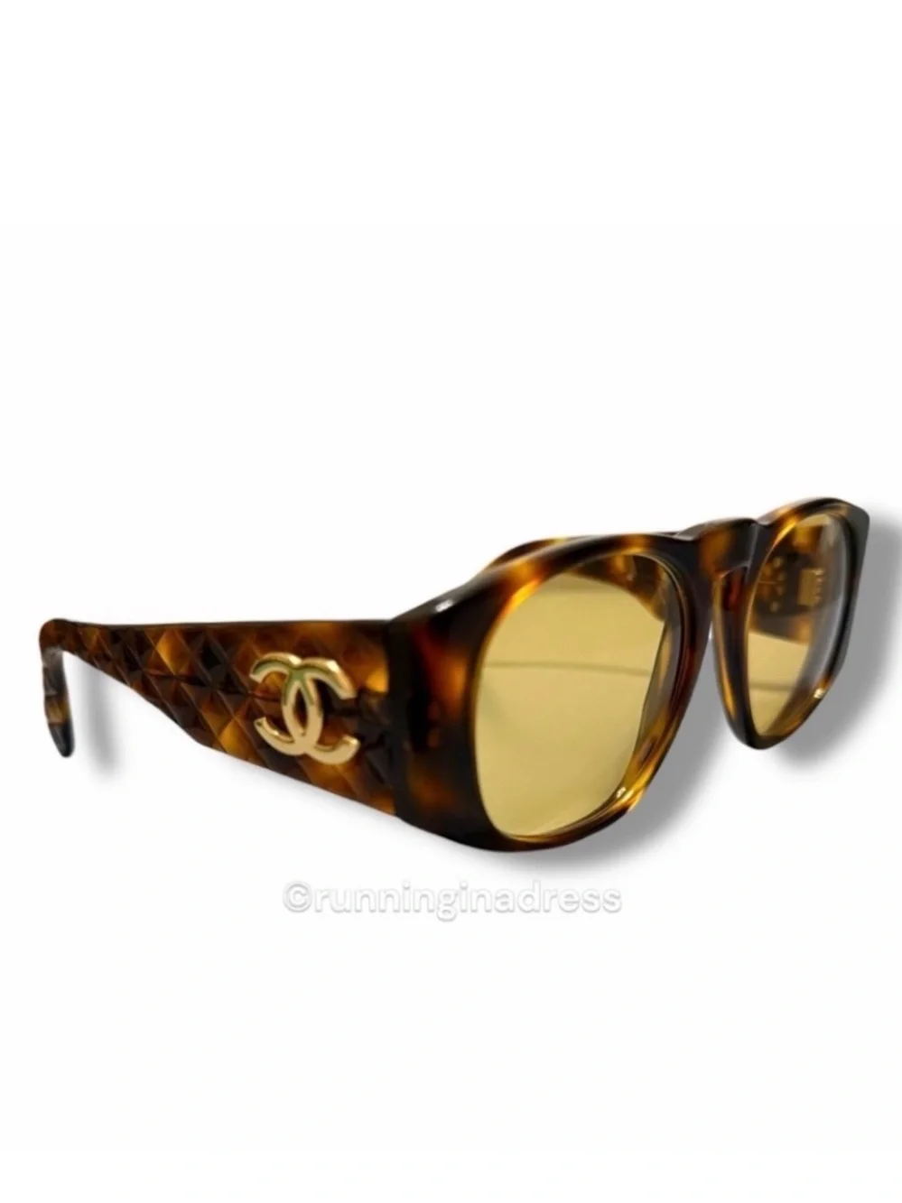 Vintage Chanel 01450 Quilted Sunglasses Tortoise Amber Lens SS 1991 Runway